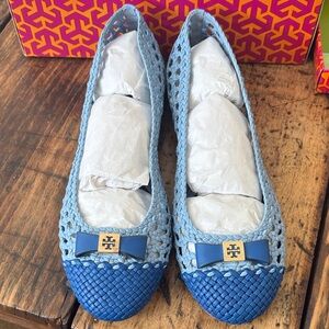 Tory Burch Carlyle Two-Tone Blue Woven Ballet Flats with Logo Bow